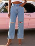 Women Light Blue Distressed Slashed Knee Frayed Jeans