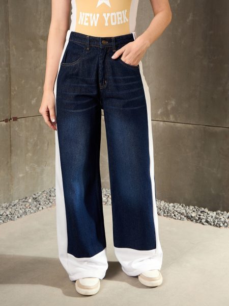 Women Navy Blue Side ColorBlock Wide Leg Jeans
